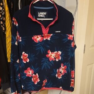 Lands' End Floral Zip-Up Sweater - Navy and Pink